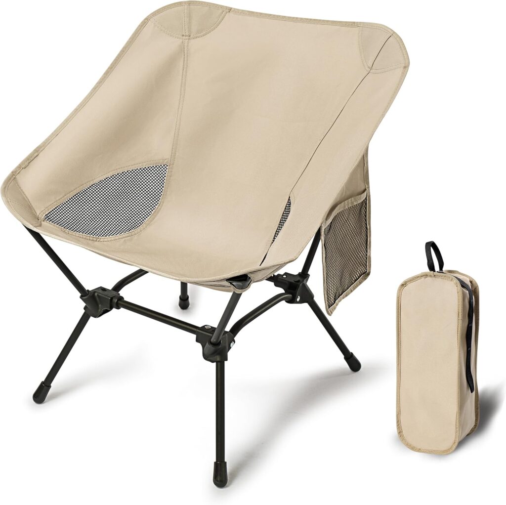 Lightweight Camping Chairs with Adjustable Height, Portable Camping Chairs for Adults with Carry Bag and Side Pockets, Folding Chairs for Outside for Camping, Beach, Fishing, Trip, Picnic (Khaki)