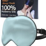 HiRui Silk Sleep Mask, 100% Natural Mulberry Silk of Double-Sided & Inner-Filling, Ultra-Smooth Soft, Adjustable Strap, Blocks Light for Night Sleeping, Travel, Office Naps (Light Blue)