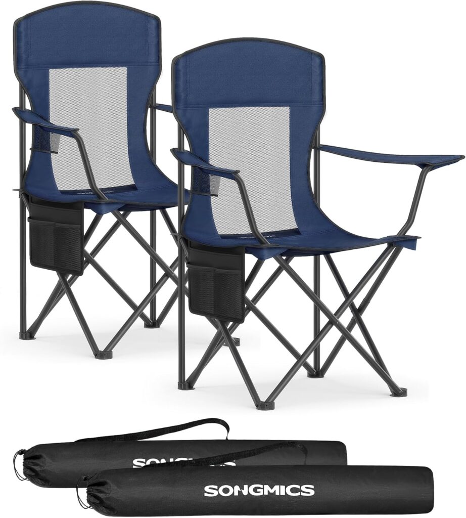 SONGMICS Breathable Camping Chairs, Foldable Outdoor Chairs Set of 2, High Back, Adjustable Armrests, Drink Holder, Weight Capacity 330 lb, for Sports Garden Backyard, Harbor Blue UGCB028Q01