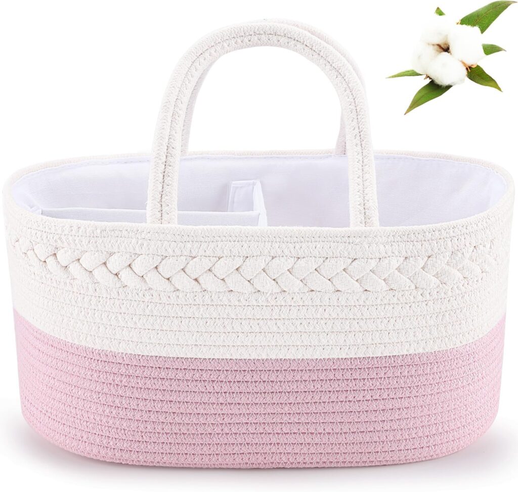 ABenkle Diaper Caddy Organizer – Cotton Rope Nursery Storage Basket for Baby Essentials, Boys & Girls Shower Gift, Changing Table Organizer, Pink