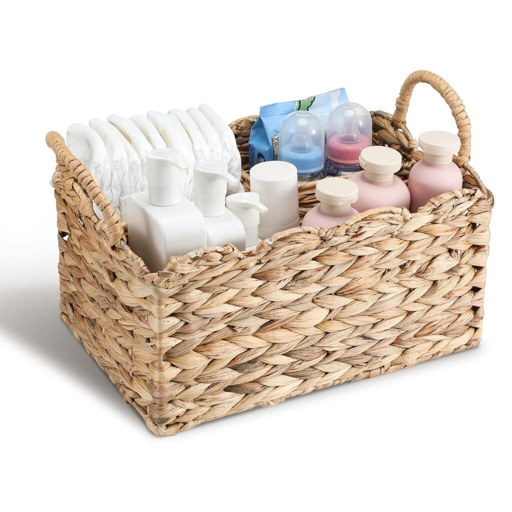 Chunful 1 Pack Wicker Diaper Caddy Organizer Scalloped Edge 9.5 x 13.5 x 7 Inches Rattan Basket Woven Natural Basket Storage Organizer Handmade for Baby Shower Gifts Newborn Storage