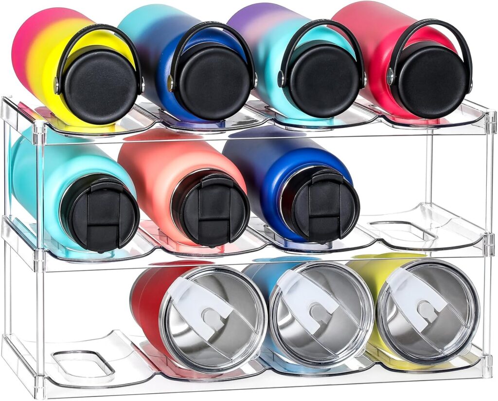 LARGER Compartment – 3 Tier Stackable Water Bottle Organizer Holder – for Stanley 40oz & Others’ Large Tumbler – Clear Wine Rack, 12 Cup Bottle Holder for Cabinet Home Countertop Fridge Pantry Shelf