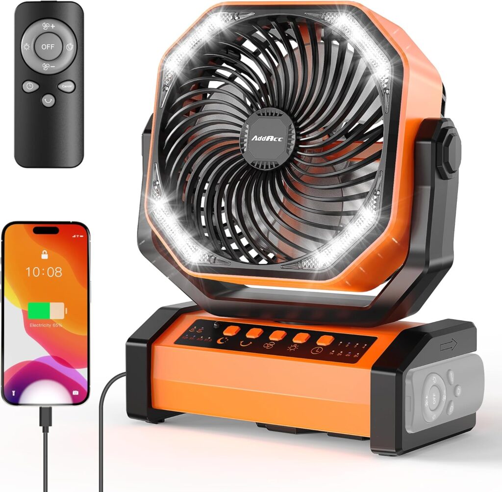 20000mAh Rechargeable Camping Fan – Battery Operated Fan with Light & Remote, Auto Oscillating, 4 Timer, 60 Hrs Work Cordless Tent Fan for Travel Outdoor RV Garage Power Outage Emergency