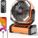 20000mAh Rechargeable Camping Fan – Battery Operated Fan with Light & Remote, Auto Oscillating, 4 Timer, 60 Hrs Work Cordless Tent Fan for Travel Outdoor RV Garage Power Outage Emergency