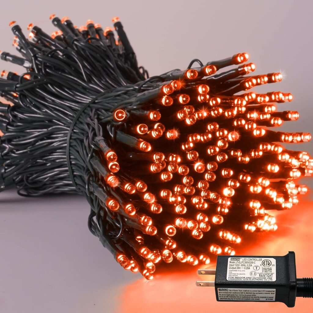 YEGUO 66ft 200 LED Orange Halloween Lights Outdoor Waterproof, Green Wire Christmas String Lights Indoor, 8 Modes Twinkle Tree Lights Plug in with Timer Memory