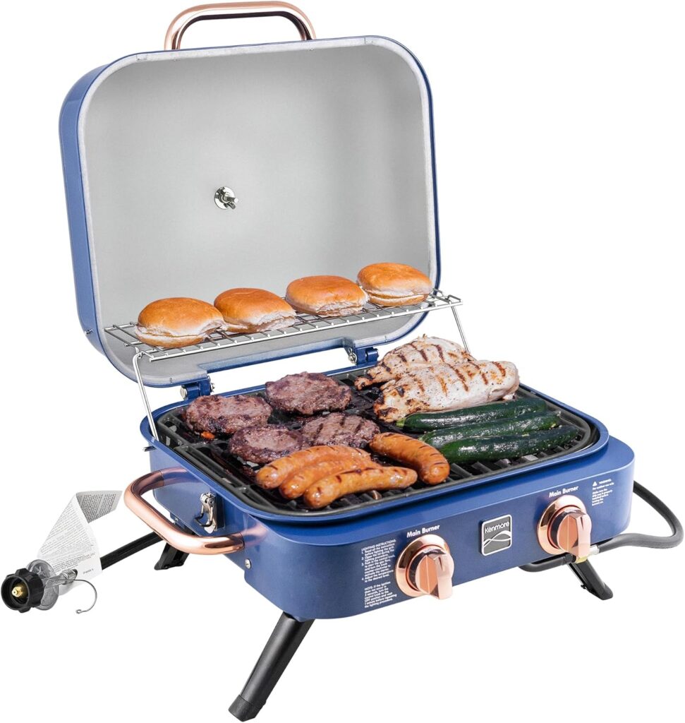 Kenmore Portable Propane Gas Grill – Tabletop BBQ Grill with Warming Rack, 2 Stainless Steel Burners with 14,000 BTUs, for Outdoor Kitchen, Camping, Navy & Copper