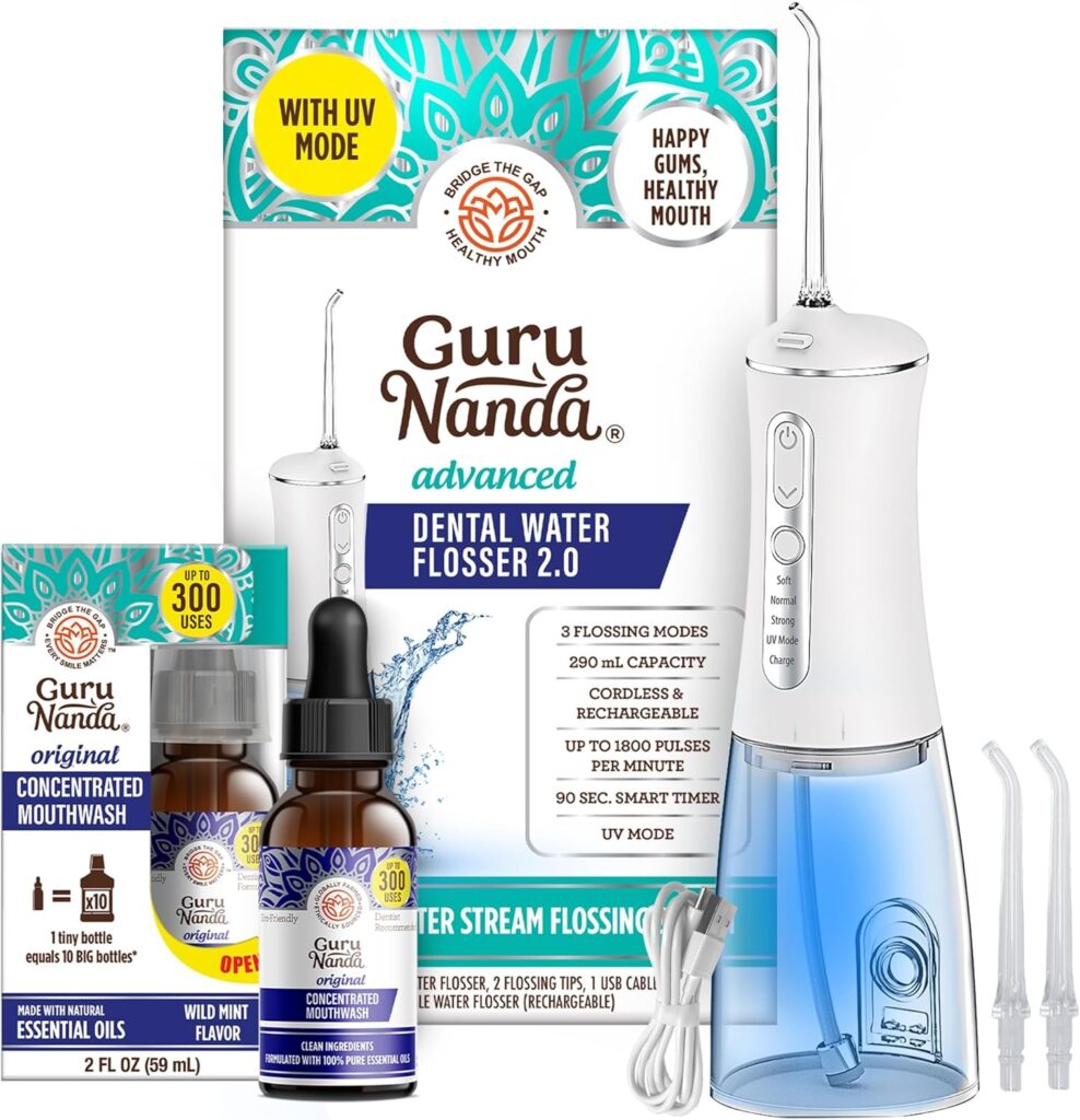 GuruNanda Advanced Water Flosser 2.0 with UV Mode & Concentrated Mouthwash Duo – Fresh Breath & Thorough Plaque Removal for a Brighter Smile