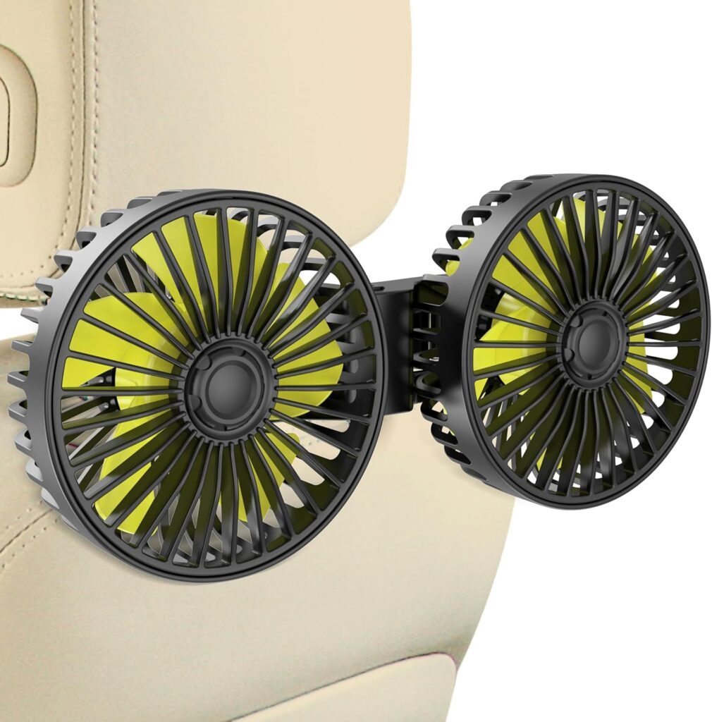 Wowok Car Fan for Rear Seat Passenger Dual Head USB Car Seat Fan for Backseat Kids, 360° Rotatable 3 Speeds Air Circulation Fans for Baby, USB Fans with Adjustable Clip for Vehicles SUV RV Vehicles