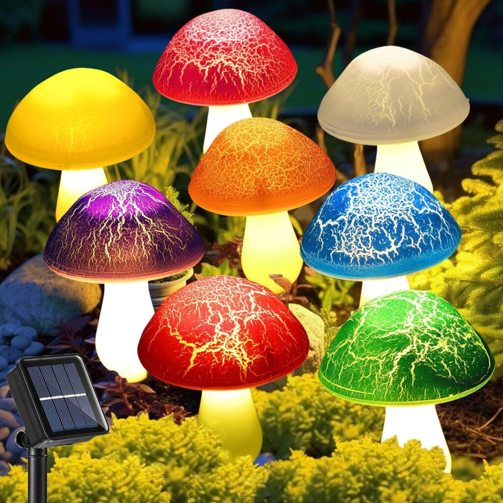 Solar Garden Decor Lights 8 Crack Mushrooms Outdoor Decor Stake Lights, Waterproof Solar Pathway Light Gardening Gifts for Garden Gnomes Backyard Flower Bed Christmas Decorations