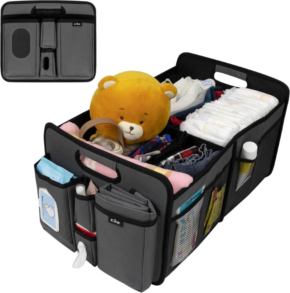 Baby Diaper Caddy Organizer – Baby Caddy with Diaper Changing Mat, Car Diaper Caddy with 3 Compartments, 8 Mesh Pockets & Zipper Pocket – Portable Changing table Organizer for Diapers, Grey