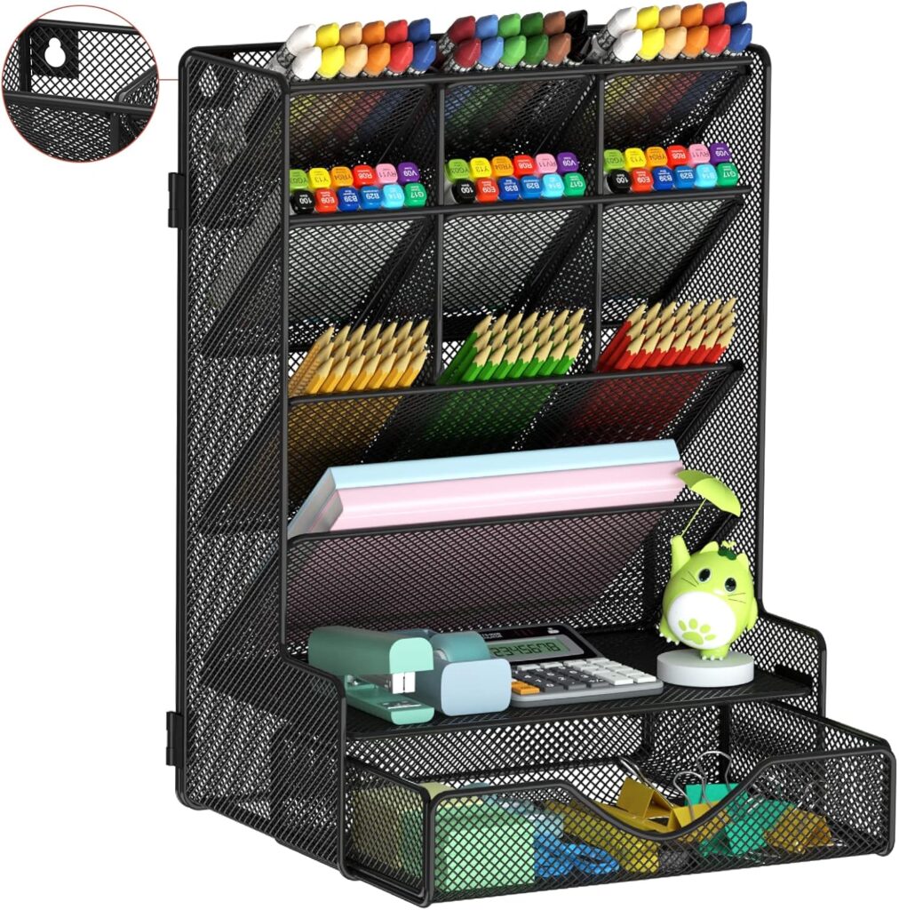 Pen Organizer for Desk, Multi-Functional Desk Organizer, Wall Mount Pen Holder with Drawer for School, Office, Home, Art Supplies, Black