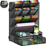 Pen Organizer for Desk, Multi-Functional Desk Organizer, Wall Mount Pen Holder with Drawer for School, Office, Home, Art Supplies, Black