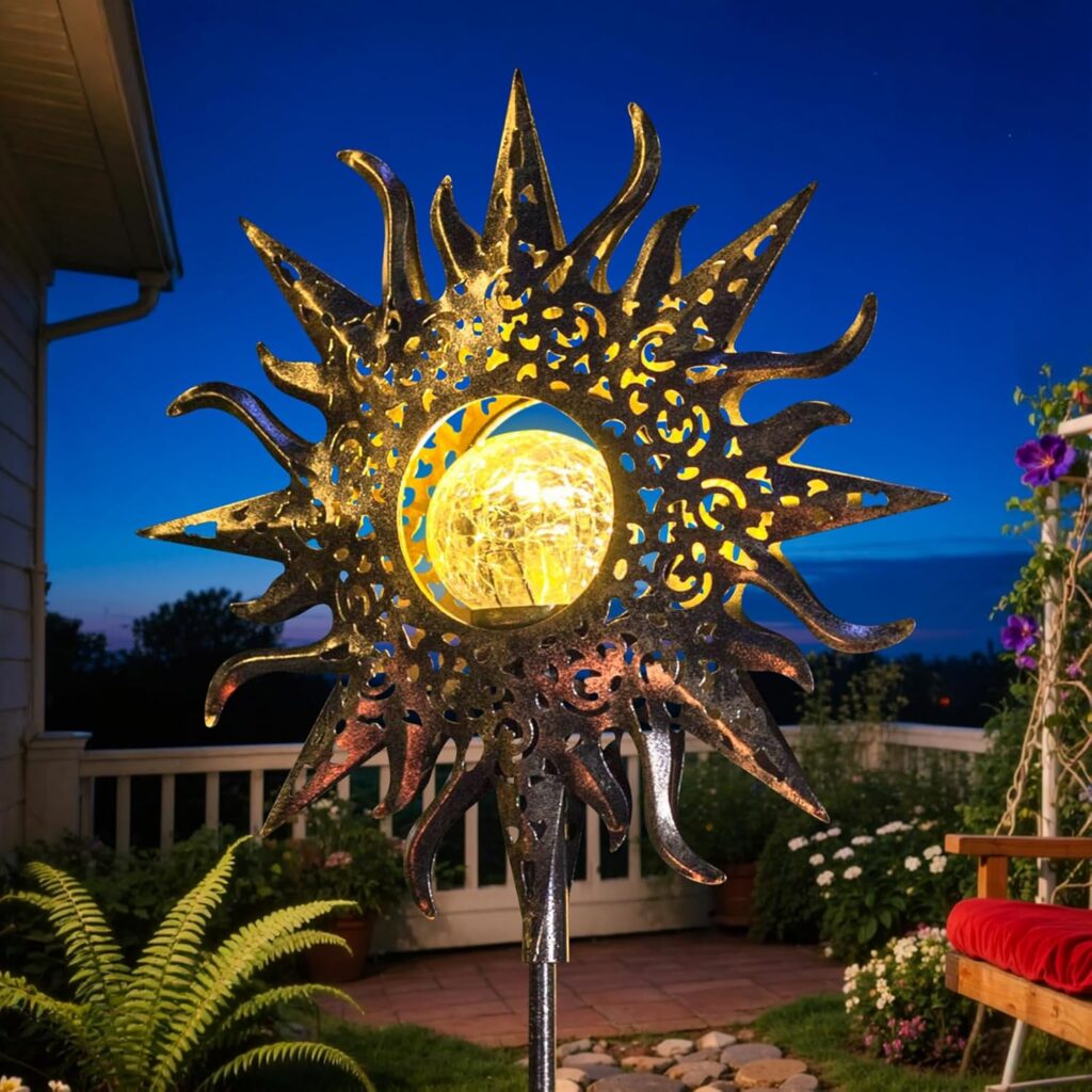 HOMEIMPRO Large Sun Solar Garden Decor Lights Outdoor Garden Gifts Mom Dad, Crackle Glass Metal Stake Backyard Decor, Waterproof LED Lights for Lawn Patio Ornaments, Mothers Day Gifts for Women