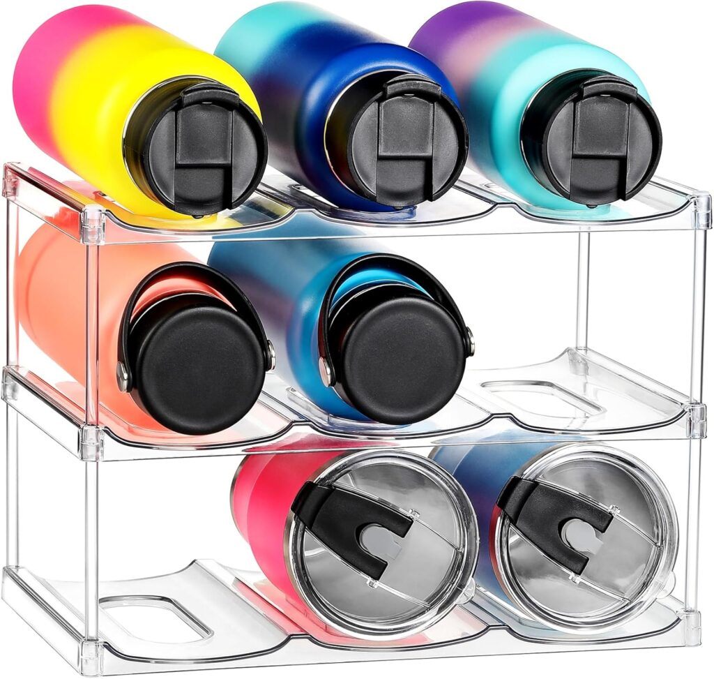 LARGER Compartment – Stackable Water Bottle Organizer Holder – for Stanley & Others’ Large Tumbler – Clear Wine Rack, Cup Bottle Holder for Cabinet Home Countertop Fridge Pantry Shelf, 3 Tier Hold 9