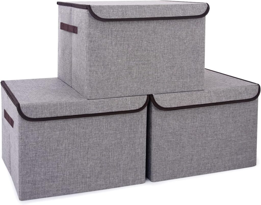 Large 17″ 42 Quarts Collapsible Stackable Storage Bins with Lids [3-Pack] Foldable Fabric Linen Storage Boxes Cube, Closet Organizer Baskets with Label for Home (16.7 x 12 x 12, Gray)