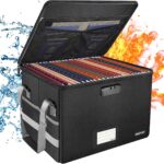 ENGPOW File Box with Lock,Fireproof Document Box with Zipper＆Pockets,Collapsible File Organizer Filing Storage Cabinet with Handle,Portable Home Office Safe for Hanging Letter/Legal Folder,Black