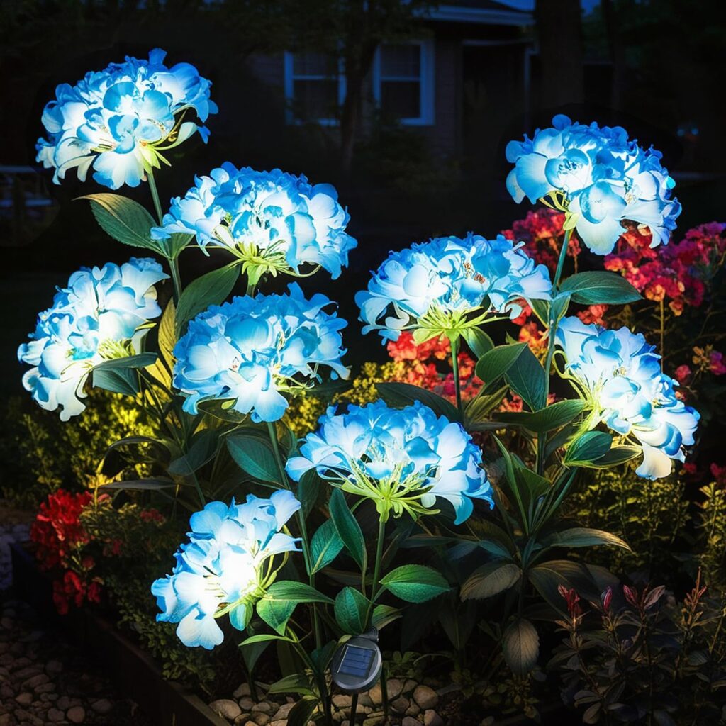 Garden Lights Solar Flower Light, LED Solar Powered Outdoor Light Decor for Path Yard Walkway Patio Balcony Lawn, Hydrangea Artificial Flower (Blue, 2)