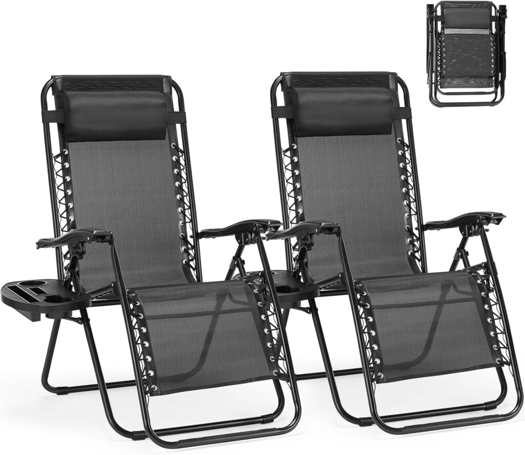 SMUG Folding Zero Gravity Chair, Set of 2 Outdoor Lounge Chairs, Portable Reclining Camping Chair with Adjustable Pillow and Cup Holder Trays for Patio Garden Lawn Beach, Black
