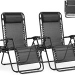 SMUG Folding Zero Gravity Chair, Set of 2 Outdoor Lounge Chairs, Portable Reclining Camping Chair with Adjustable Pillow and Cup Holder Trays for Patio Garden Lawn Beach, Black