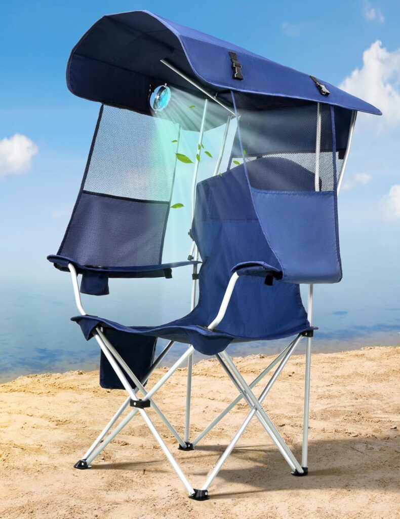 Beach Chair with Canopy Shade and Fan – 360° Rotatable & 3-Speed Airflow, Camping Chair with Canopy and Powerful & Quiet Fan, Cup Holder, Side Pocket – Supports 330 LBS