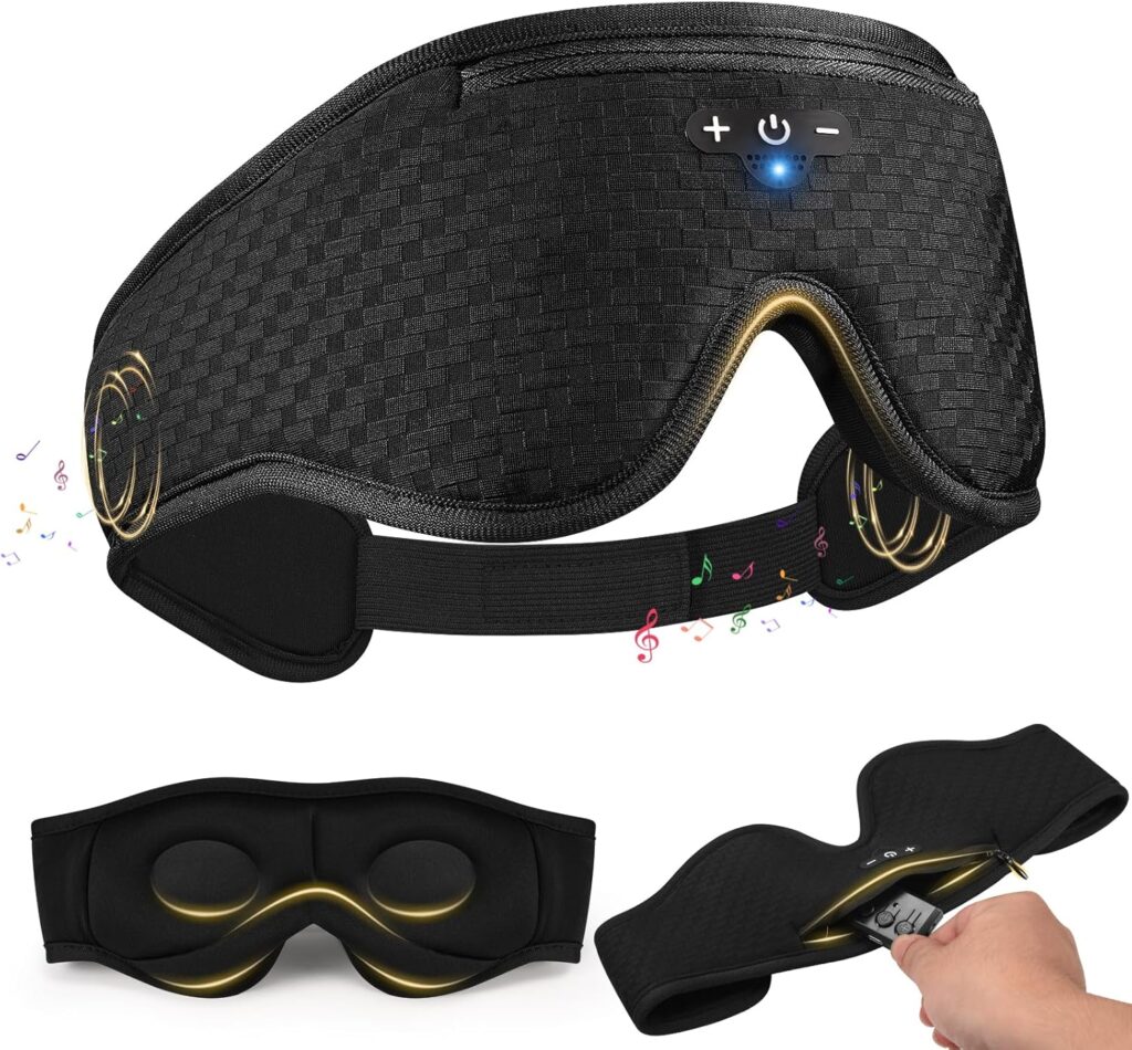 3D Contoured Sleep Mask with Bluetooth Headphones, Adjustable Blackout Sleeping Mask, 1-Hour Timer Sleeping Headphones with Thin Stereo Speakers for Men, Women, Gift – Black