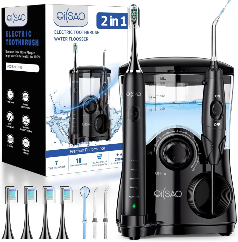 Electric Toothbrush with Water Flosser Combo: 600ML Large Water Tank & Ultrasonic Cleaning- Gum Care & Whitening- 5 Brush Modes & 10 Pressure Settings for Family Use, Black