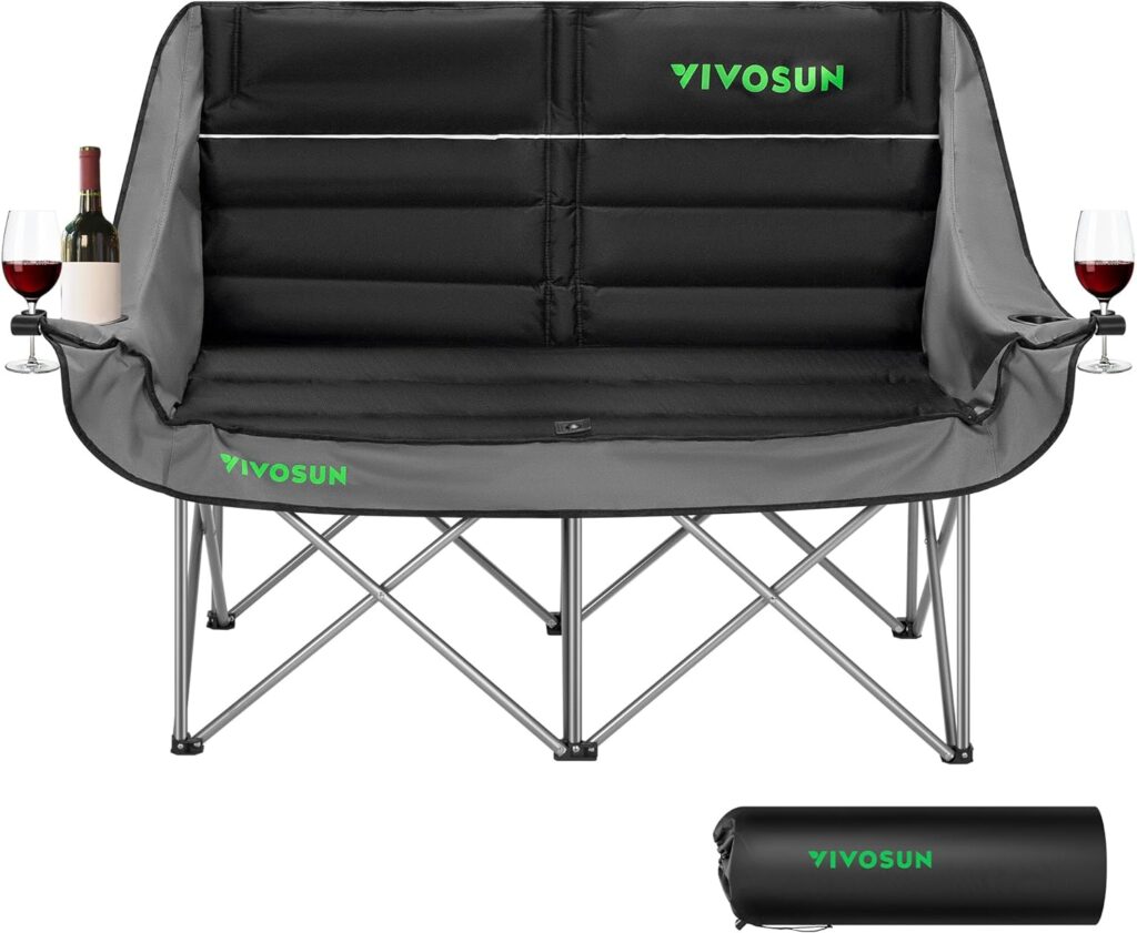 VIVOSUN Double Camping Chair, Fully Padded Folding Loveseat, Oversized Duo Chair with Cup & Wine Glass Holders, Pocket, Armrests & Carry Bag
