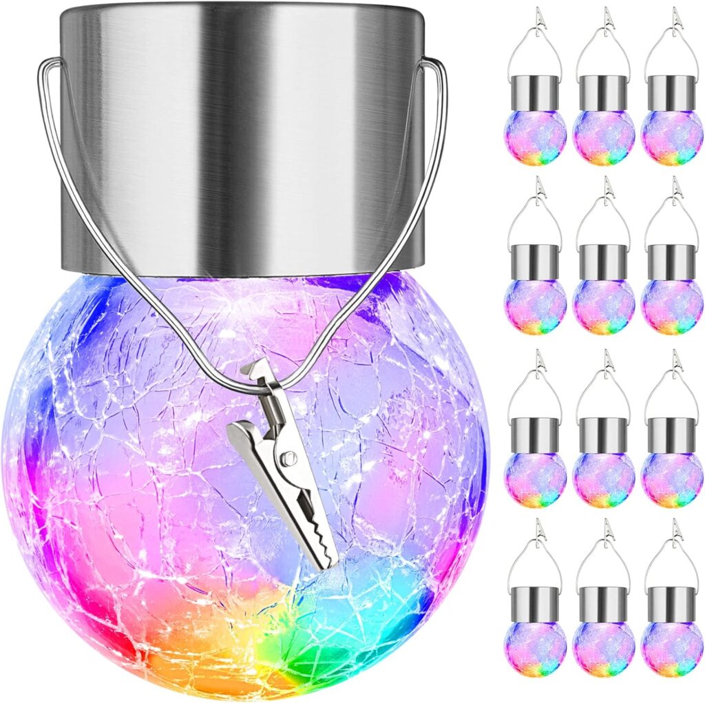 MAXvolador 12-Pack Hanging Solar Lights, Decorative Cracked Glass Ball Light, Multicolor Solar Powered Waterproof Globe Lighting for Garden, Tree