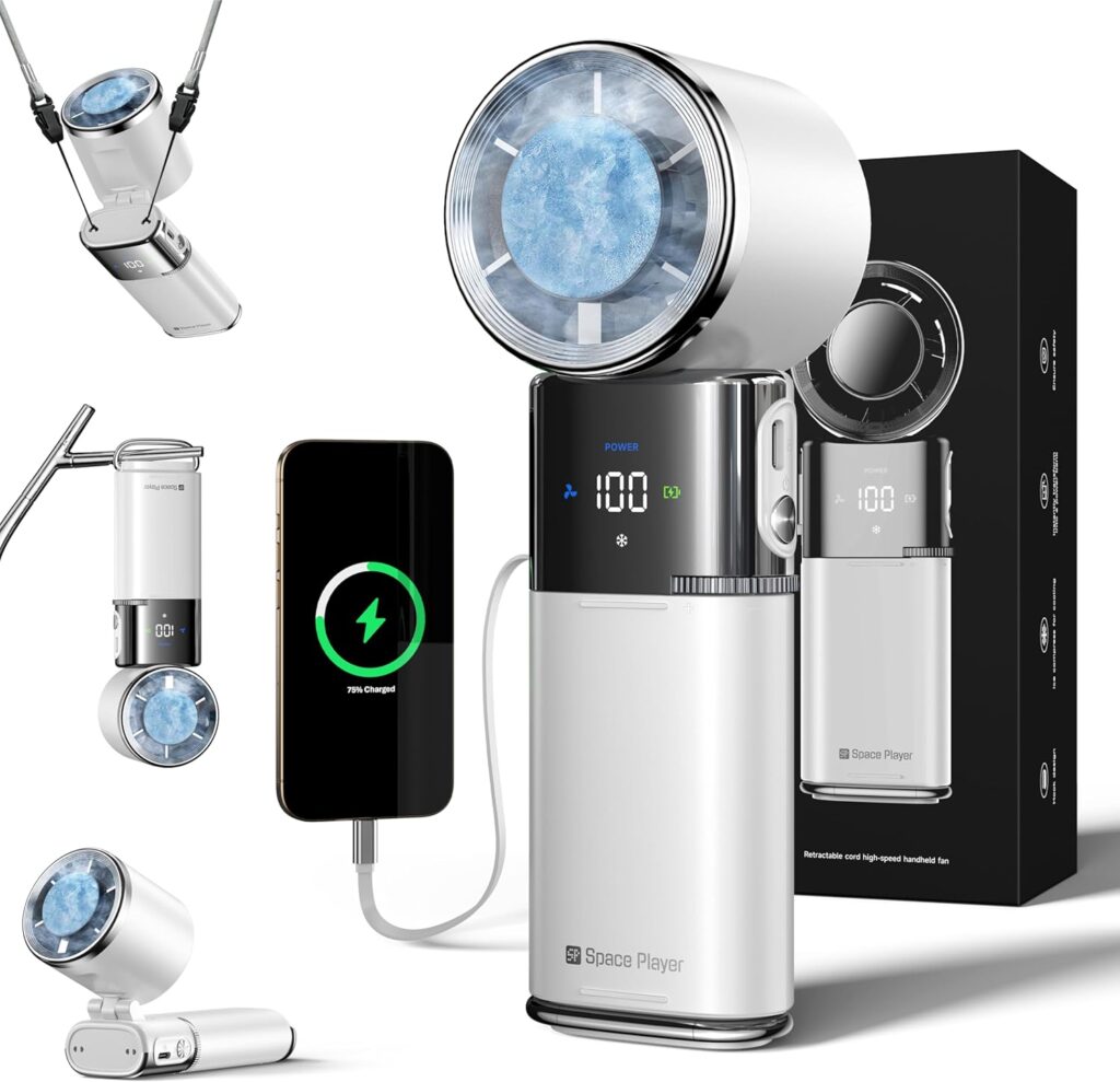 Portable Handheld Turbo Fan with Ice Cooling, 9000mAh Rechargeable Personal Fan, 100-Speed Wind, Built-in Type-C Cable, LED Display,135° Tilt Foldable for Desk/Neck/Travel-White