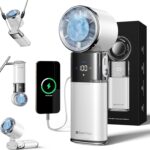 Portable Handheld Turbo Fan with Ice Cooling, 9000mAh Rechargeable Personal Fan, 100-Speed Wind, Built-in Type-C Cable, LED Display,135° Tilt Foldable for Desk/Neck/Travel-White