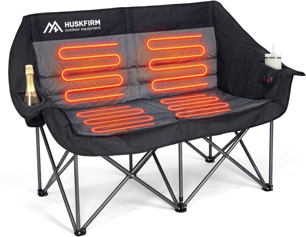 Heated Double Camping Chair, Heated Camping Chair with 3 Adjustable Temperatures and 4 Heating Zones,Portable Heated Chairs Outdoor Sports Support 650lbs（Battery Not Included）