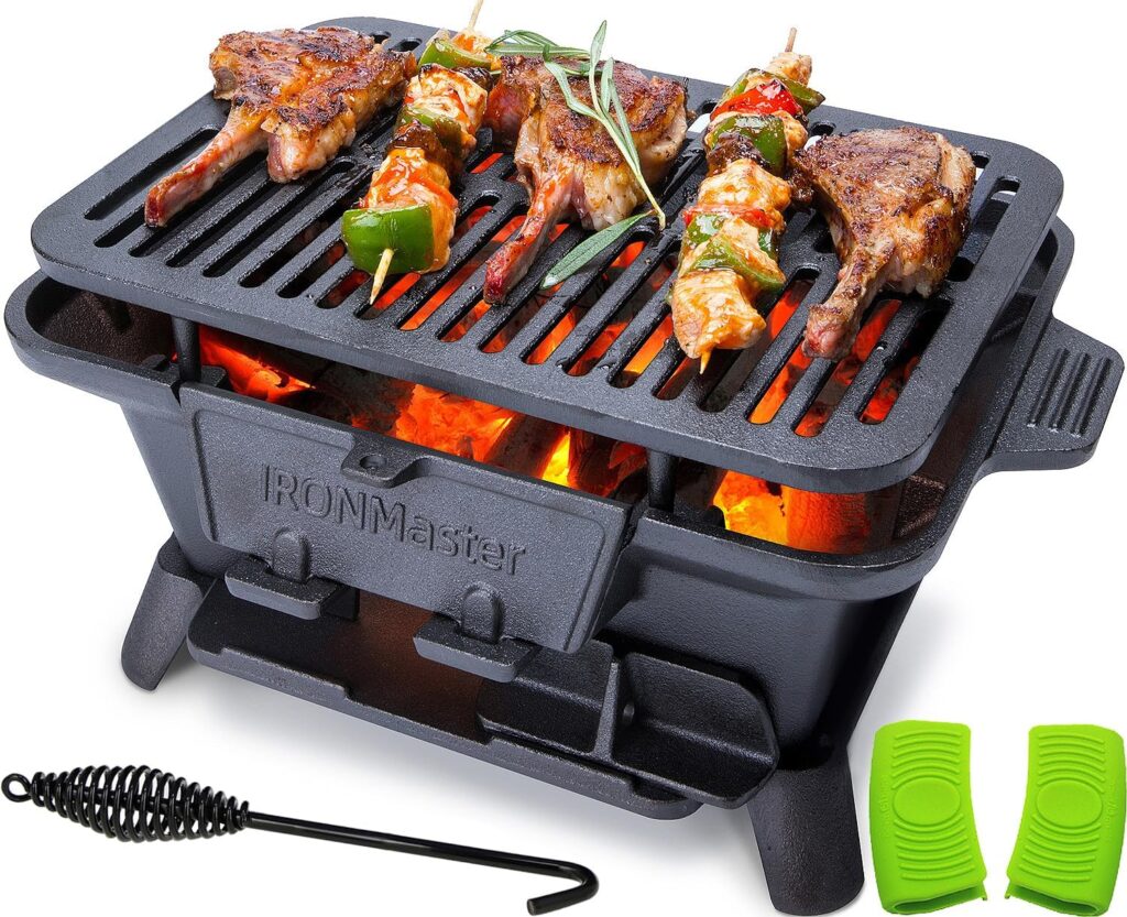 IronMaster Hibachi Grill Outdoor, Small Portable Charcoal Grill, Pre-Seasoned Cast Iron, Japanese Yakitori Camping Grill – 2 Heights, Air Control, Coal Door, Ideal for 2 People
