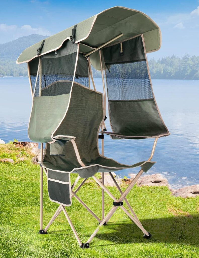 Folding Camping Chair with Shade Canopy for Adults, Canopy Chair for Outdoors Sports with Cup Holder, Side Pocket for Camp, Beach, Tailgates, Fishing – Support 330 LBS