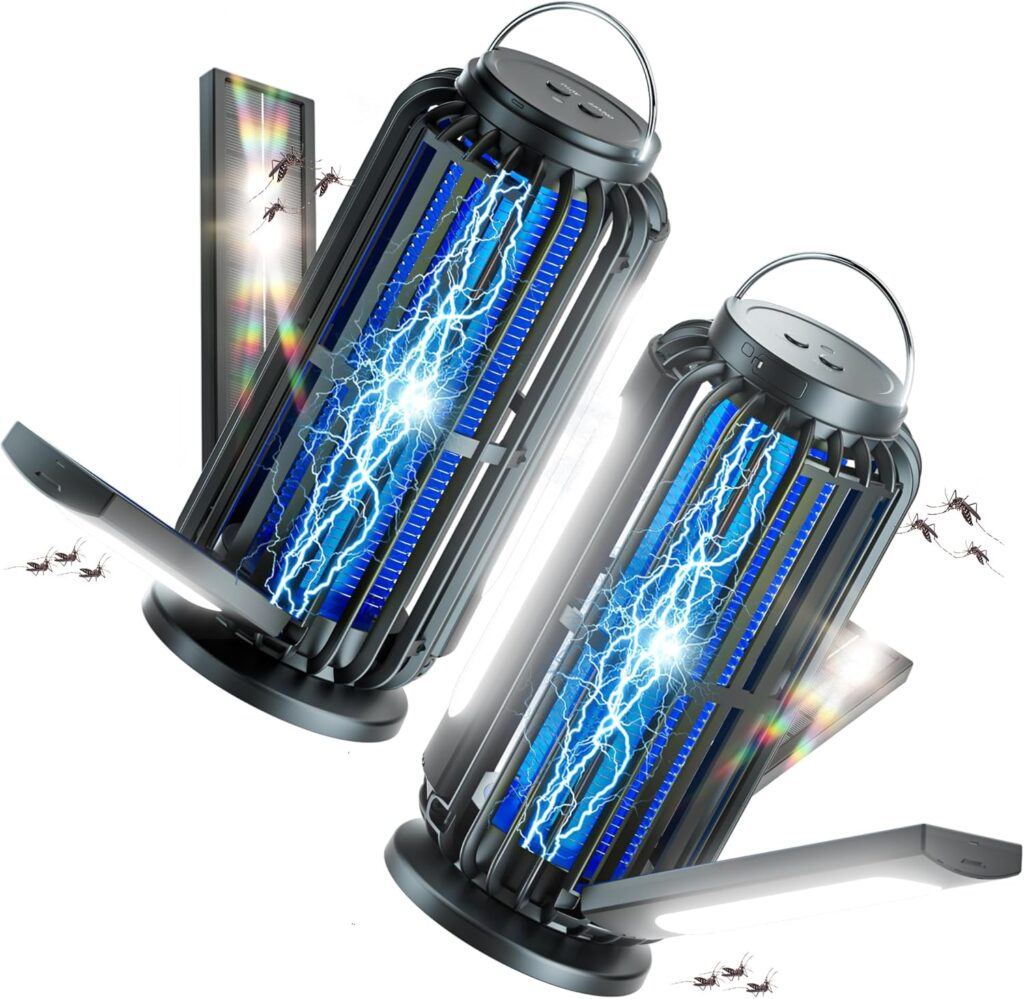 TYPEC Bug Zapper 2 Pack, Solar Bug Zapper with 3 Solar Charging Panels, IP65 Waterproof Mosquito Zapper, 4200V Mosquito Zapper with LED Light, Outdoor Indoor AUTO ON/Off