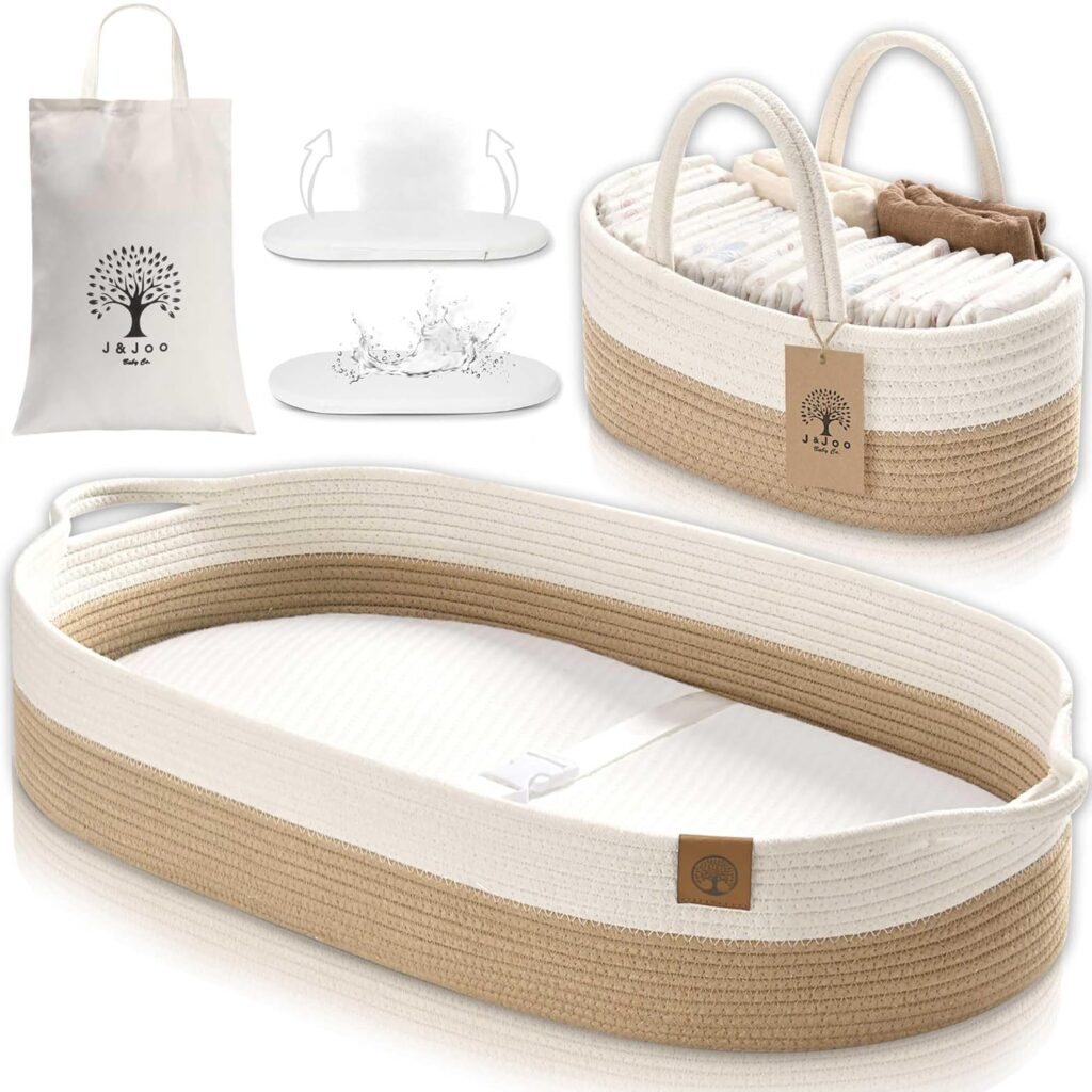 J&JOO Baby Changing Basket includes Diaper Caddy – Breathable & Waterproof Dual-Cover, Portable, Changing Pad for Dresser & Changing Table, Gift for Baby Shower (Brown & White, Diaper Caddy Set)