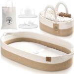 J&JOO Baby Changing Basket includes Diaper Caddy – Breathable & Waterproof Dual-Cover, Portable, Changing Pad for Dresser & Changing Table, Gift for Baby Shower (Brown & White, Diaper Caddy Set)