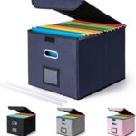 CADONO File Organizer Box with Lid, Large Hanging File Folder Organizer with Plastic Slide, Collapsible Portable Filing Storage Boxes for Office/Decor/Home (Navy Blue, 14.9 x 12.59 x 10.8 inch)