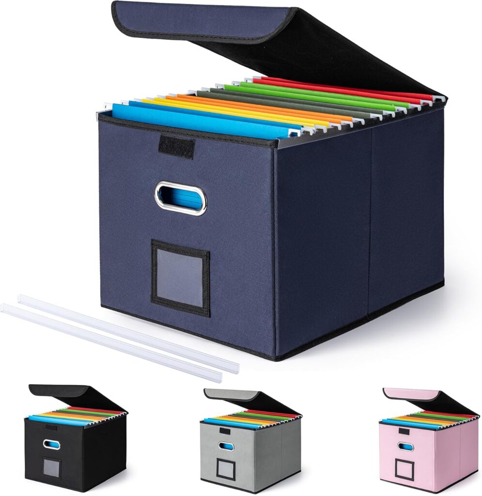 CADONO File Organizer Box with Lid, Large Hanging File Folder Organizer with Plastic Slide, Collapsible Portable Filing Storage Boxes for Office/Decor/Home (Navy Blue, 14.9 x 12.59 x 10.8 inch)