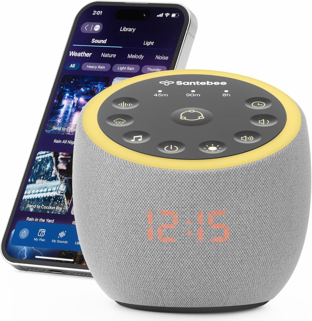 White Noise Sound Machine for Sleeping, 361 Soothing Sounds, Smart APP Control, Custom Buttons, Non Looping Natural Sounds, Bedside Dimmable Clock, Night Light, Santebee for Adults Baby Kids Lullaby