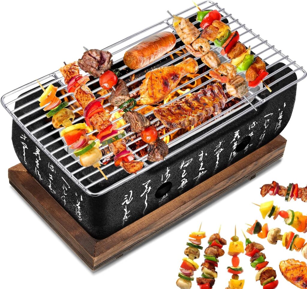 Japanese Style Grill Portable Japanese Barbecue Aluminum Alloy Hibachi Grill Charcoal Stove Yakitori Household Charcoal with Wire Mesh Wooden Base