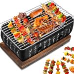 Japanese Style Grill Portable Japanese Barbecue Aluminum Alloy Hibachi Grill Charcoal Stove Yakitori Household Charcoal with Wire Mesh Wooden Base