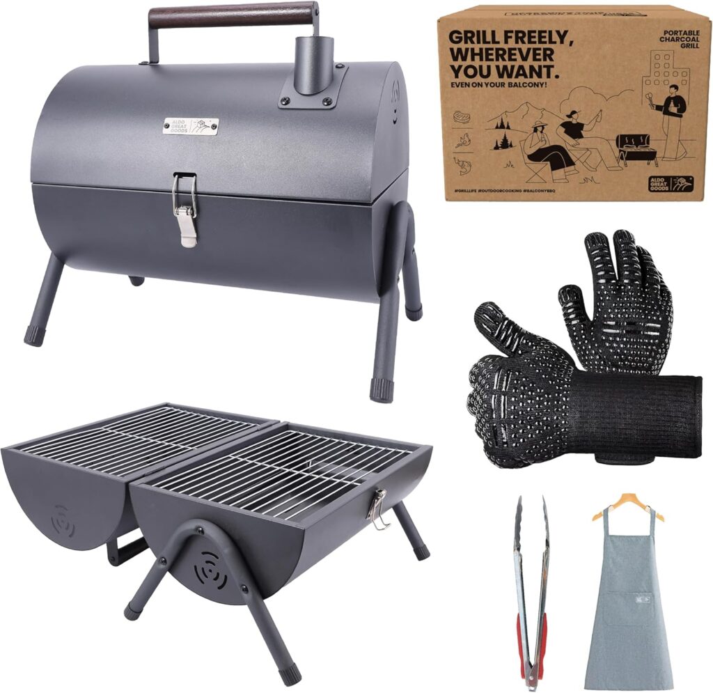 Mini Portable Charcoal Grill & Small Tabletop BBQ – Tailgate Camping Travel Grill for Balcony – Barrel Style w/Griddle & Premium Accessory Set