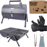 Mini Portable Charcoal Grill & Small Tabletop BBQ – Tailgate Camping Travel Grill for Balcony – Barrel Style w/Griddle & Premium Accessory Set