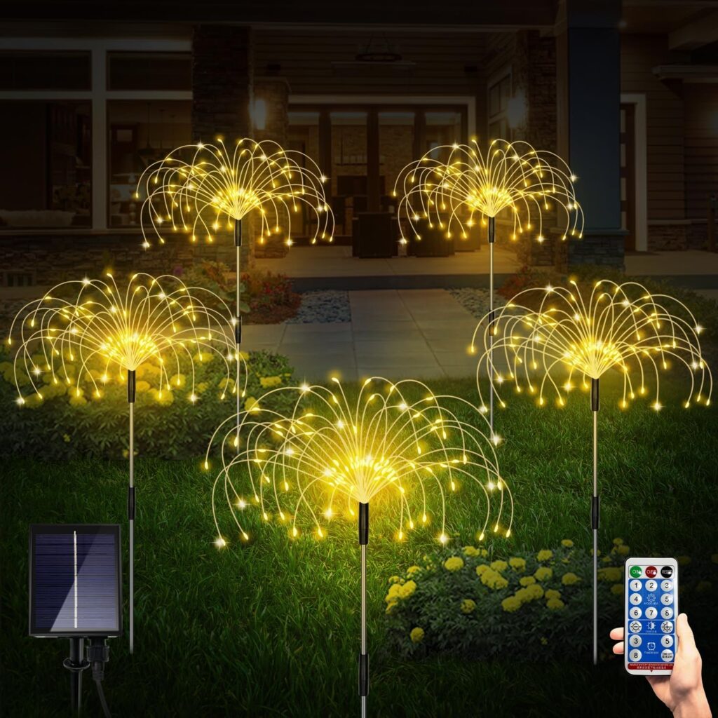 5 Pack Solar Garden Lights, Firework Outdoor Waterproof 120 LED 8 Modes with Remote Control, Decorative Solar Lights for Outside Yard (Warm White)
