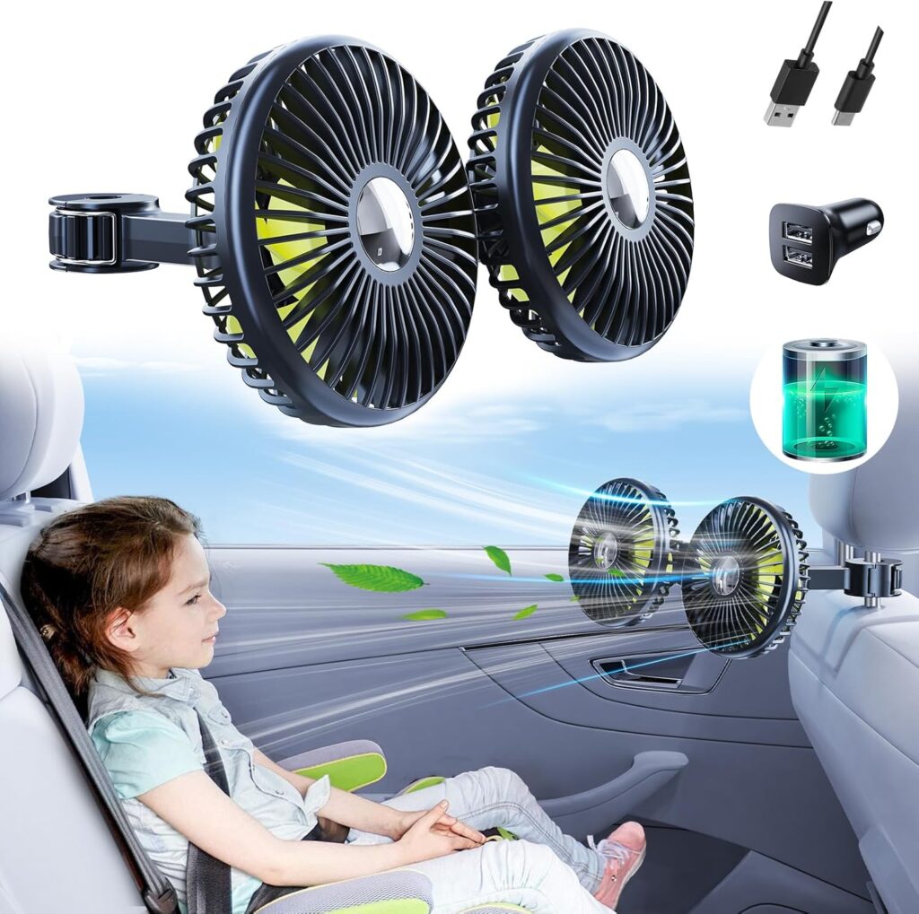 Battery Fan for Car Backseat – Rechargeable Car Fan for Backseat Kids Dogs [Comes with Car Charger&USB C Cable] 360 Rotatable Separate Control Car Fans That Blow Cold Air for Vehicles SUV RV