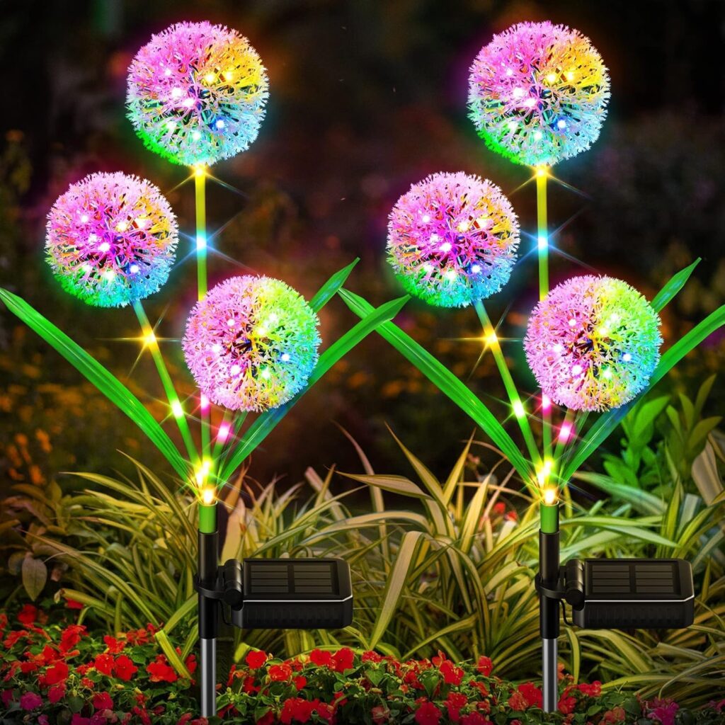 4 Pack Solar Garden Lights Decor: Upgraded Outdoor Lights – Colorful Dandelion Flower Light – Bright Solar Lights with 36 LED for Women Mother’s Day Gifts Yard Pathway Outside Decorations