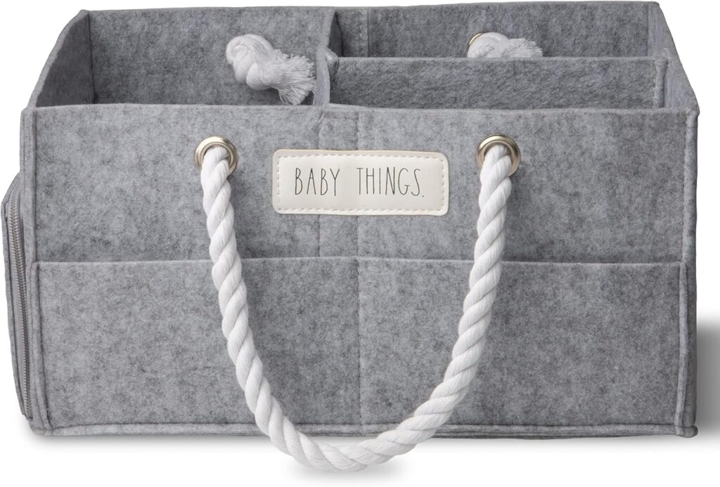 Rae Dunn Diaper Caddy Organizer, Things Storage for Nursery, Changing Table and Car, Portable Basket for Baby Items, Shower Gifts, Grey Felt With Rope Handles, Small