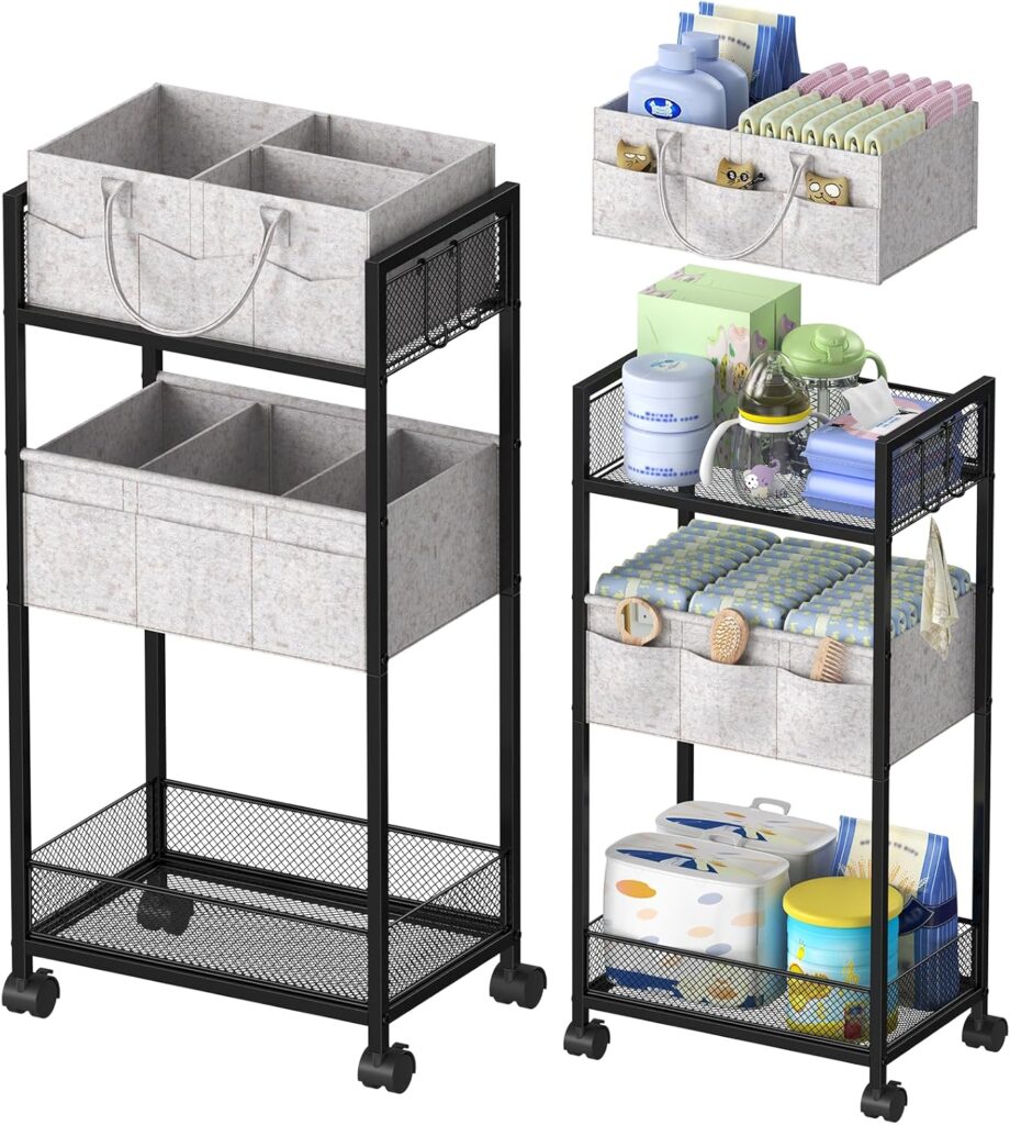 2In1 Baby Diaper Caddy Organizer and Storage – 3 Tier Rolling Diaper Cart with Dividers, Easy Assemble, Mobile Metal Diaper Organizer, Detachable Diaper Caddy Cart for Nursery, Large Capacity