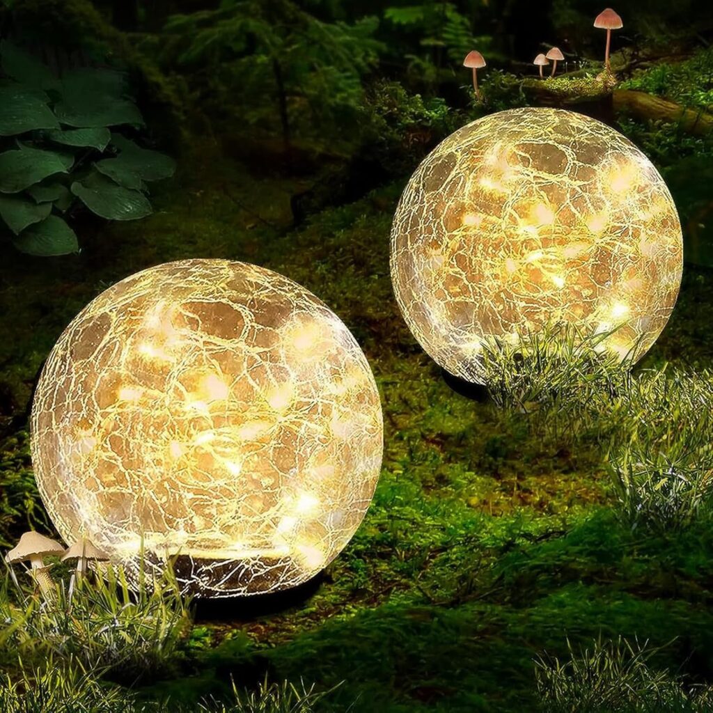 Garden Solar Ball Lights Outdoor Waterproof, 80 LED Cracked Glass Globe Solar Power Ground Lights for Path Yard Patio Lawn, Christmas Decoration Landscape Warm White(2 Pack 5.9”)