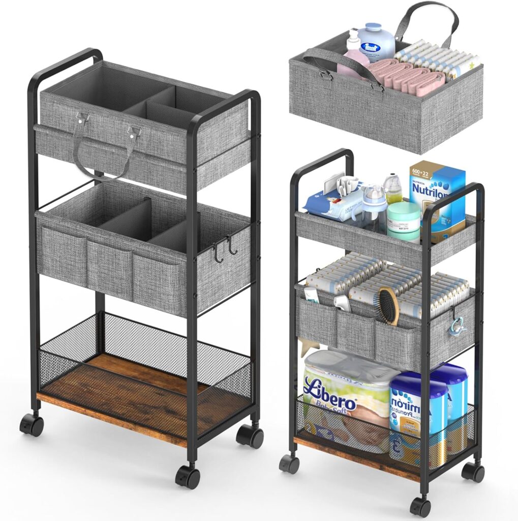 2In1 Baby Diaper Caddy & 3-Tier Rolling Diaper Cart, Diaper Caddy Organizer Cart with Dividers, Mobile Metal Utility Cart for Nursery Essentials, Detachable Bedside Cart, Large Capacity